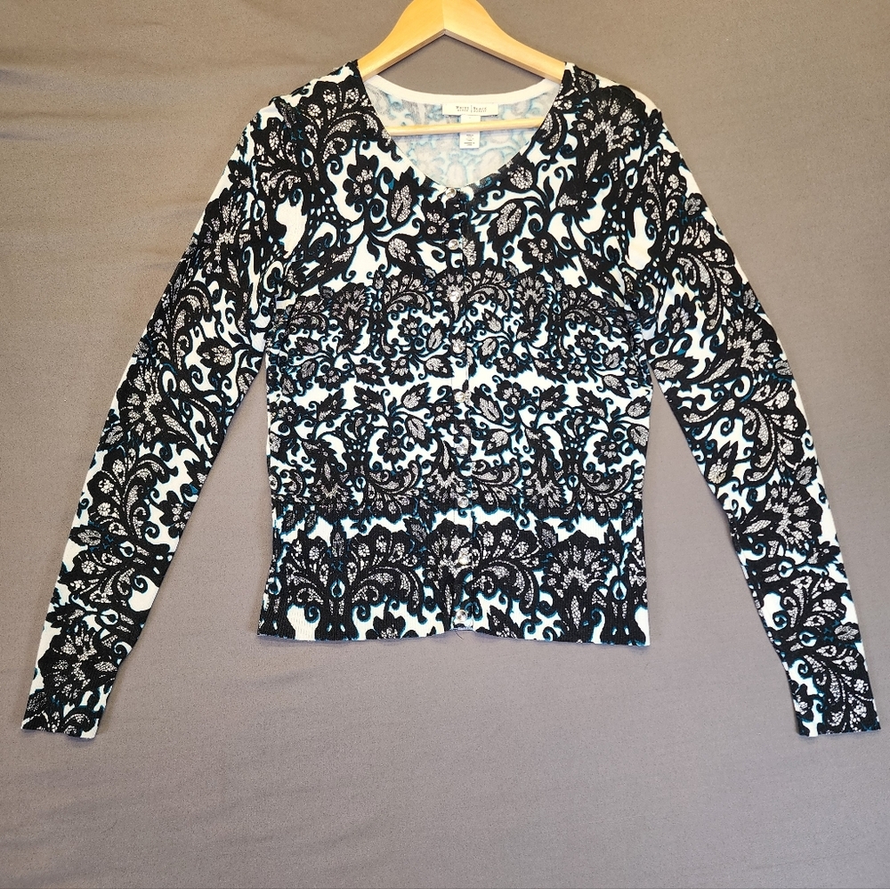 White House Black Market Damask Cardigan M Jewel Button Old Money Librarian Chic